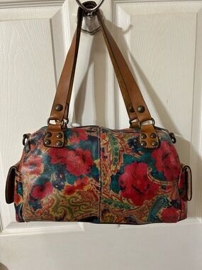Patricia Nash Red Floral Paisley Shoulder Bag with Tan Handles